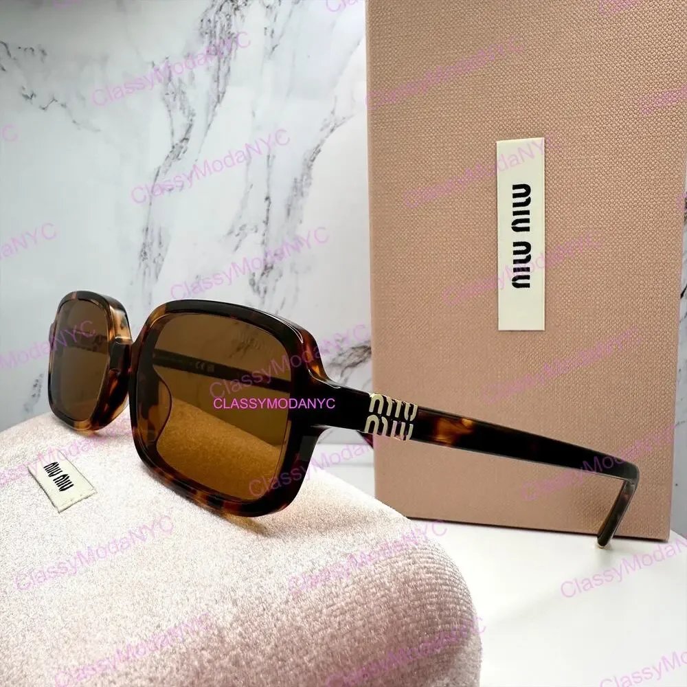 New MIU MIU Sunglasses Brown Tortoise Slim Rectangular Acetate Logo Authentic